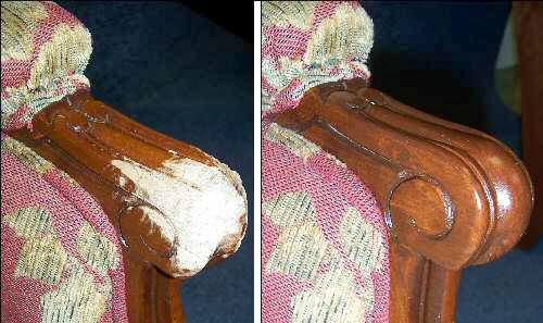 Published side-by-side photographs of a furniture wood repair